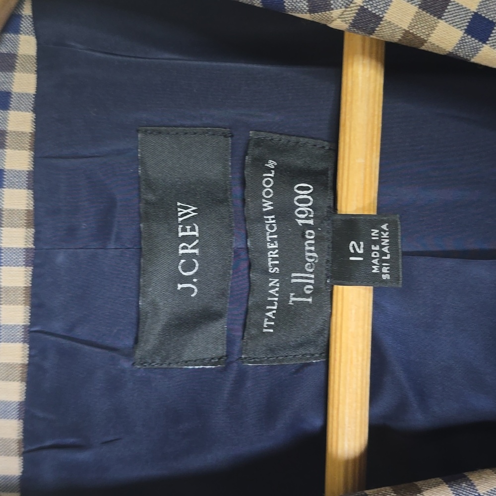J. Crew Women's Boyfriend Navy & Beige Gingham Blazer Italian Stretch Wool 12. - Picture 4 of 8